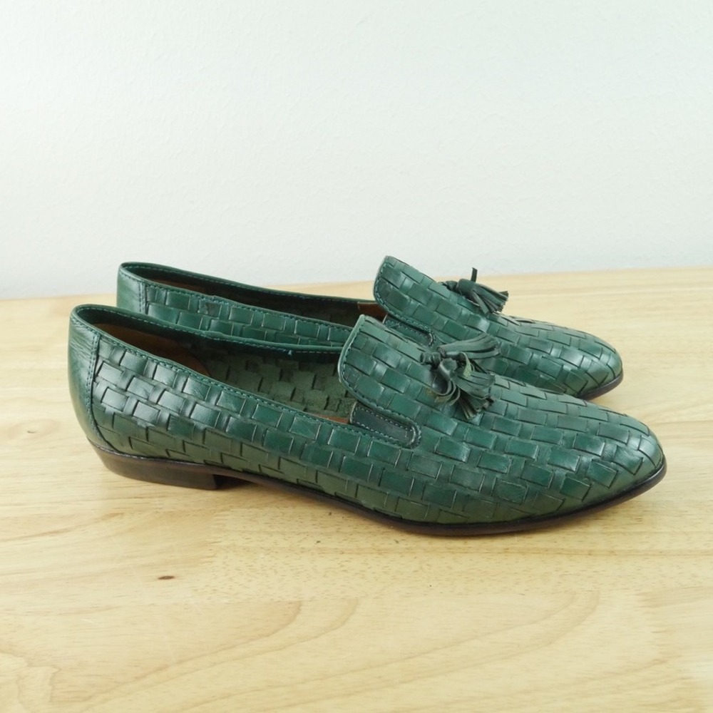 Vintage Green Woven Leather Tassel Loafers 10M Academia Quiet Luxury Preppy 90s